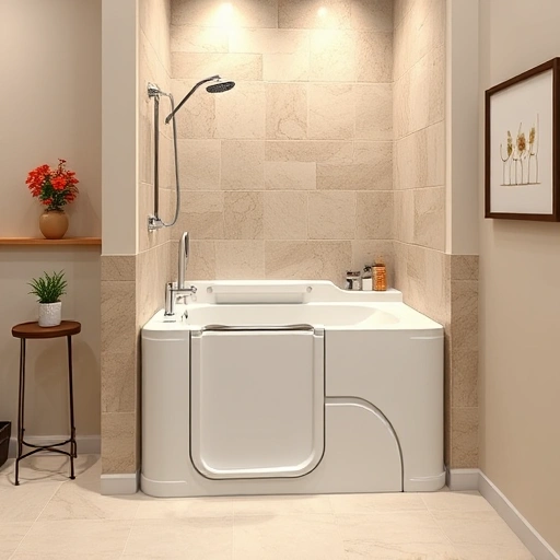 Walk-in tub installation in a stylish bathroom featuring modern design, grab bars, and ambient lighting in Arizona.