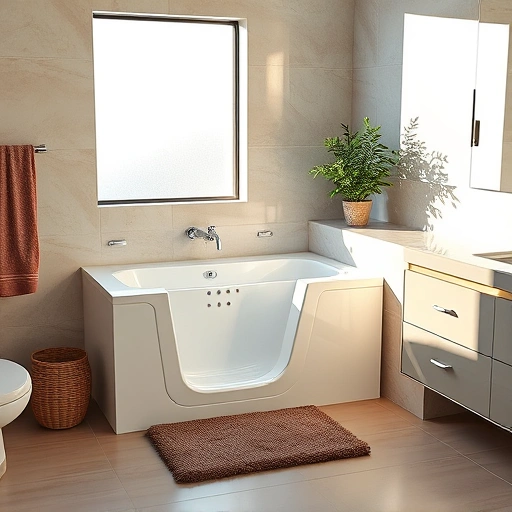 Modern bathroom in Sun City AZ featuring a sleek walk-in tub, chrome fixtures, and elegant neutral tiles.