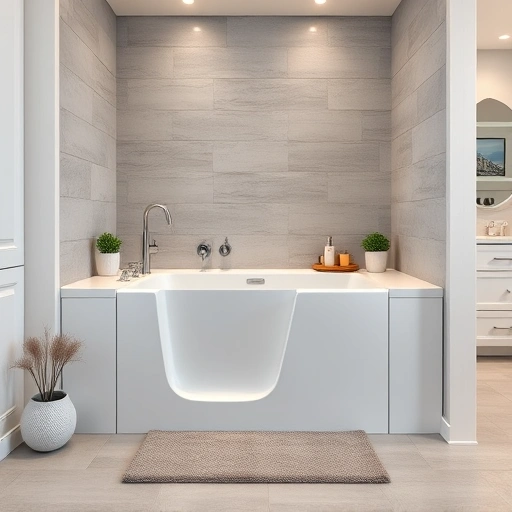 Walk-in tub installation in a modern Tolleson AZ bathroom with elegant tiles, chrome fixtures, and a serene atmosphere.