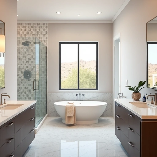 Completed bathroom remodel in Deer Valley AZ featuring modern fixtures, walk-in shower, marble countertops, and freestanding tub.