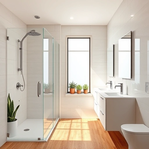 Modern bathroom remodel in Phoenix with sleek design, porcelain tiles, walk-in shower, double sink vanity, and natural light.