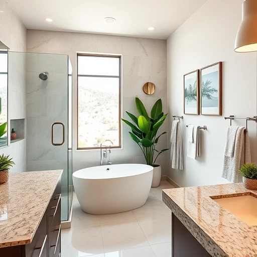 Elegant bathroom remodel in Deer Valley Village AZ featuring a walk-in shower, freestanding tub, and granite countertops.