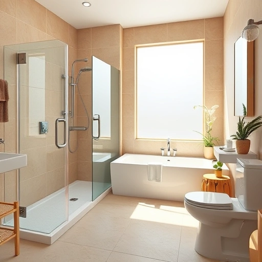 Spacious modern bathroom remodel in Phoenix with walk-in shower, low-profile tub, and elegant earth tone palette.
