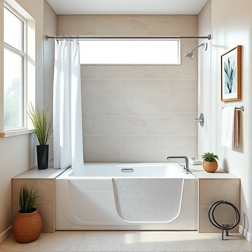 Modern bathroom in Avondale AZ featuring a sleek white walk-in tub with elegant chrome fixtures and neutral-toned tiles.
