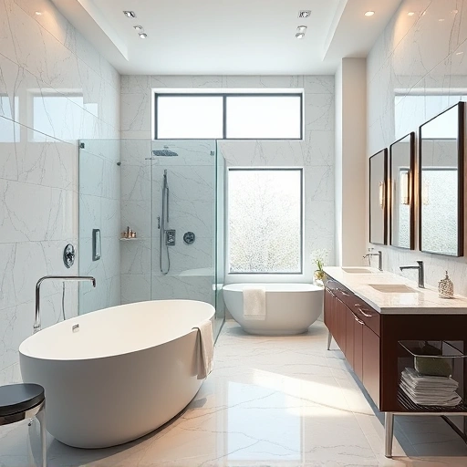Completed bathroom remodel in Avondale AZ with modern design, marble countertops, walk-in shower, and freestanding tub.
