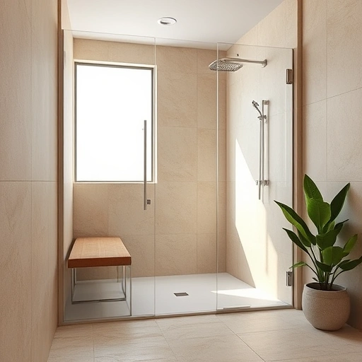Barrier-free shower installation in Phoenix with modern earth-toned tiles, glass partition, and natural light.