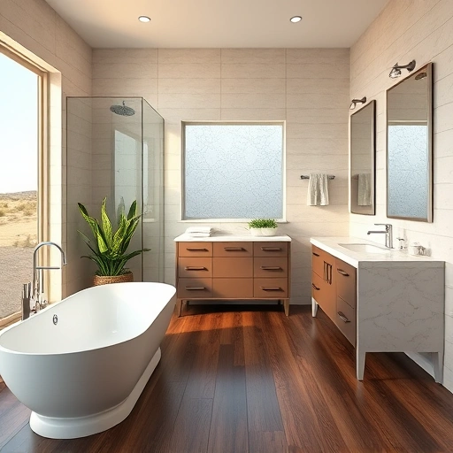 Completed bathroom remodel in Desert View Village AZ featuring modern design, soaking tub, glass shower, and elegant finishes.