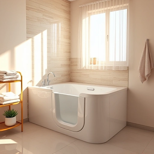 Walk-in tub installation in a modern bathroom with safety features, natural light, and elegant design elements.