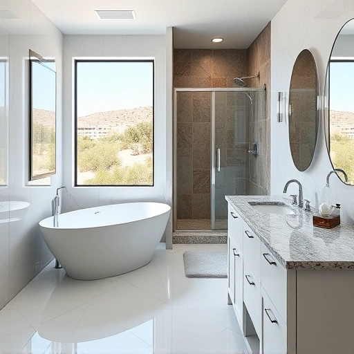 Modern Scottsdale bathroom remodel featuring marble floors, a freestanding tub, and a stylish walk-in shower.
