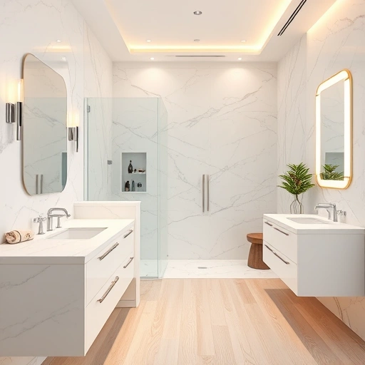 Modern bathroom remodel in Tempe AZ featuring marble countertops, walk-in shower, and elegant hardwood floors.