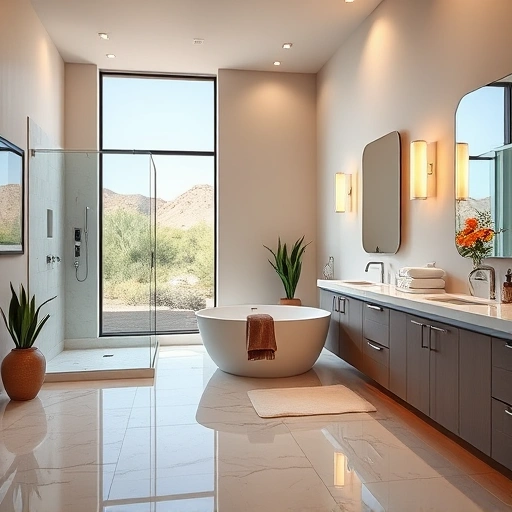 Luxury bathroom remodel in Moon Valley AZ with freestanding tub, glass shower, marble countertops, and serene decor.