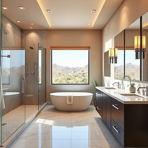 Completed bathroom remodel in Paradise Valley AZ featuring a freestanding tub, walk-in shower, and double vanity.