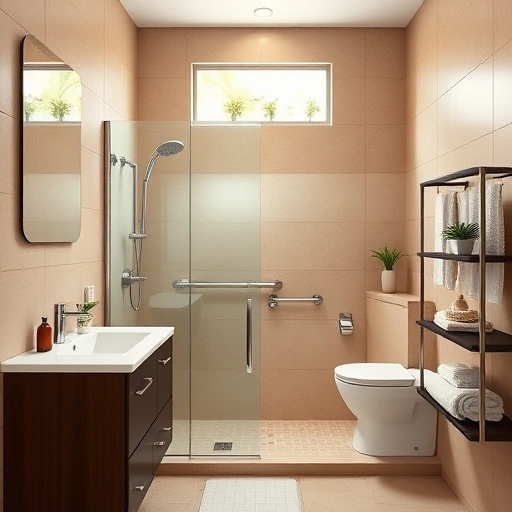 Aging-in-Place bathroom remodel in Phoenix with walk-in shower, grab bars, warm tones, and natural light.