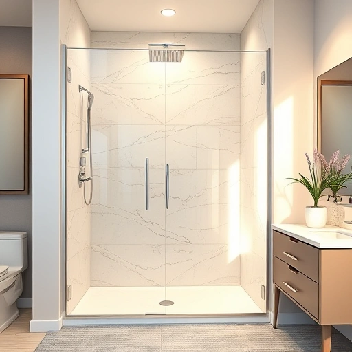 Walk-in shower replacement in Phoenix with glass doors, marble tiles, chrome fixtures, and warm lighting.