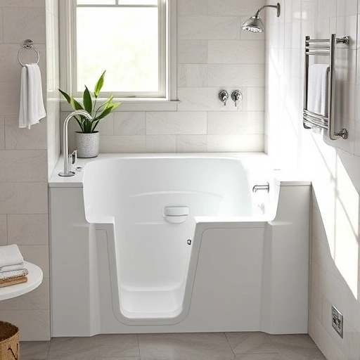 Walk-in tub installation in Encanto AZ features white acrylic surfaces, chrome fixtures, and elegant neutral tiles.