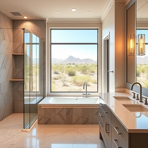 Completed bathroom remodel in Sonoran Foothills featuring a walk-in shower, soaking tub, and elegant design elements.