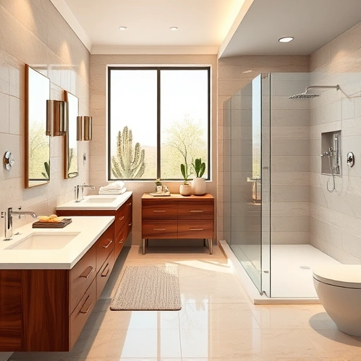 Spacious modern bathroom in Phoenix with warm earth tones, sleek vanity, walk-in shower, and natural light.