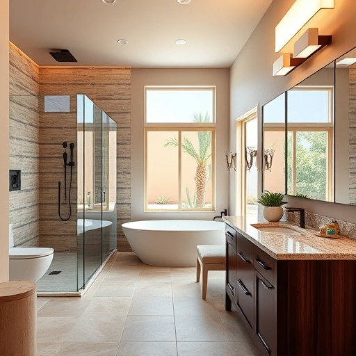 Bright modern bathroom in Phoenix with warm tones, walk-in shower, freestanding tub, and stylish fixtures.
