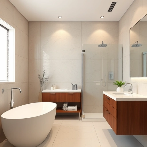 Modern bathroom remodel in Tempe AZ featuring a freestanding tub, walk-in shower, and elegant decor.