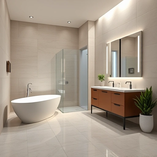 Completed bathroom remodel in New River AZ featuring a modern freestanding tub, walk-in shower, and stylish double vanity.