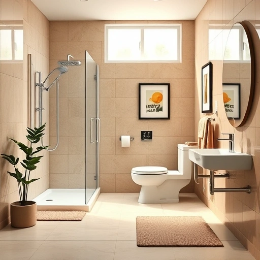 Elegant accessible bathroom in Phoenix with walk-in shower, raised toilet, and stylish finishes in soft earth tones.