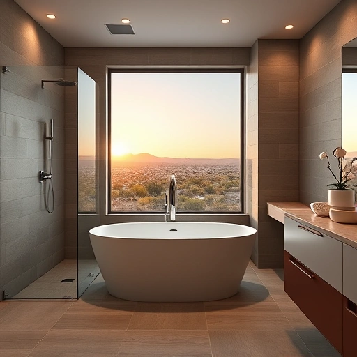 Modern shower-to-tub conversion in Phoenix featuring freestanding tub, large tiles, and stylish vanity under natural light.