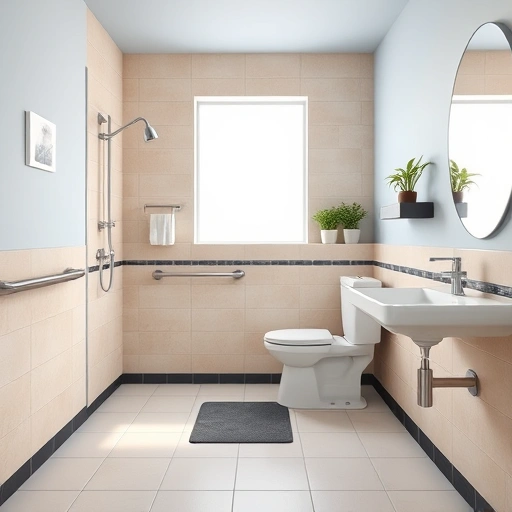 Spacious accessible bathroom in Phoenix with roll-in shower, low-profile toilet, modern sink, and serene decor.