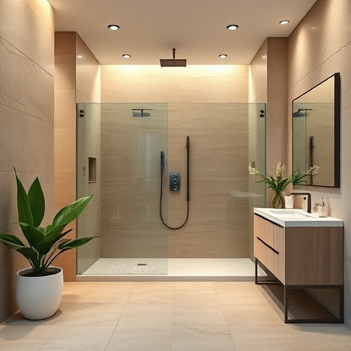 Custom walk-in shower in modern Phoenix bathroom with elegant tiles, glass enclosure, and ambient lighting.