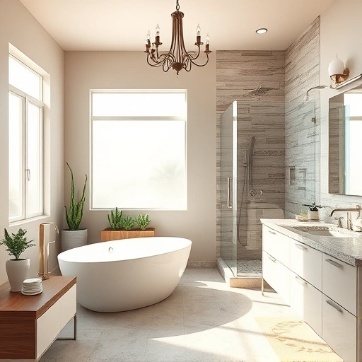 Remodeled Phoenix bathroom with modern design, freestanding tub, walk-in shower, and natural desert elements.