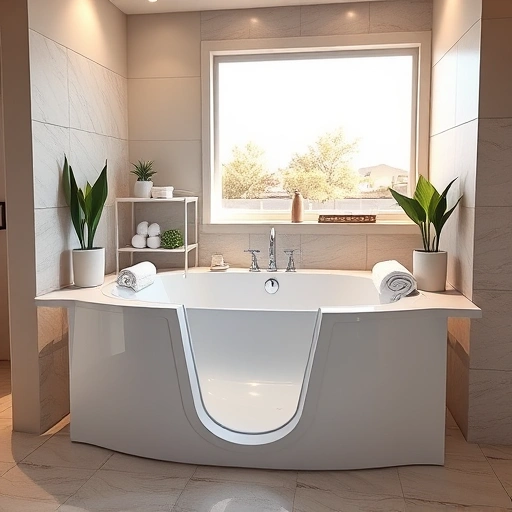 Completed Walk-In Tub Installation in Sun City West AZ with modern design, elegant tiles, and natural light accents.