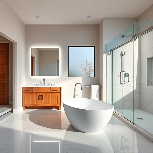 Completed bathroom remodel in Desert View Village AZ featuring freestanding tub, walk-in shower, and elegant marble flooring.