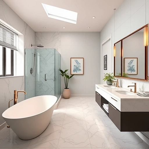 Completed bathroom remodel in Alhambra AZ with freestanding tub, walk-in shower, and stylish double vanity.