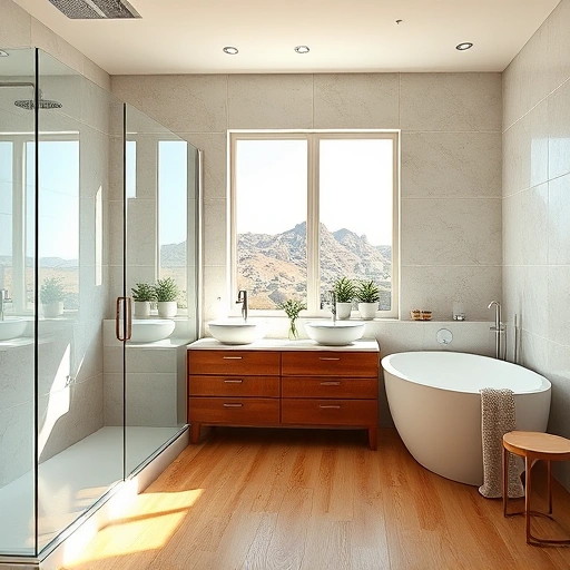Spacious modern bathroom in Phoenix with light tiles, double sink vanity, freestanding tub, and soft earth tones.