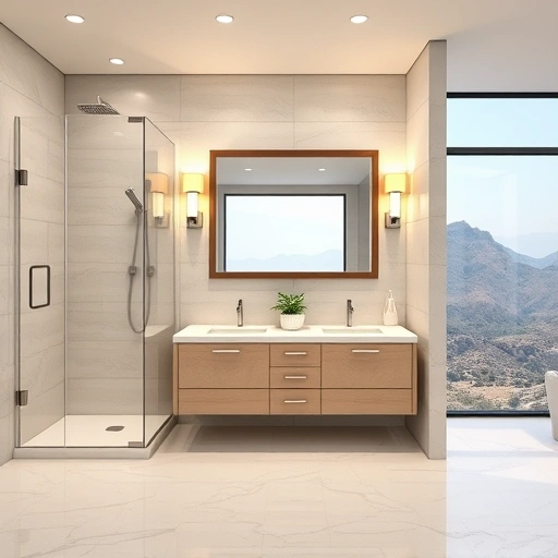 Completed bathroom remodel in Happy Valley AZ featuring a walk-in shower, marble countertops, and stylish lighting.