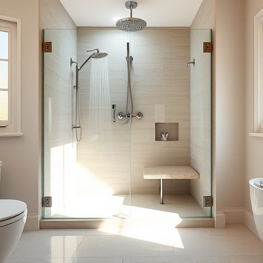Low-Threshold Shower Installation in Phoenix with modern design, neutral tiles, glass enclosure, and rainfall showerhead.