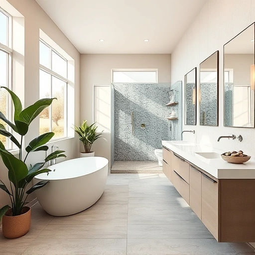 Bright bathroom remodel in Phoenix with freestanding tub, modern fixtures, large windows, and natural decor.