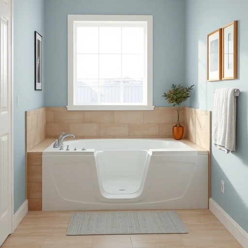Completed Walk-In Tub installation in Norterra AZ featuring sleek design, chrome fixtures, and soothing blue decor.