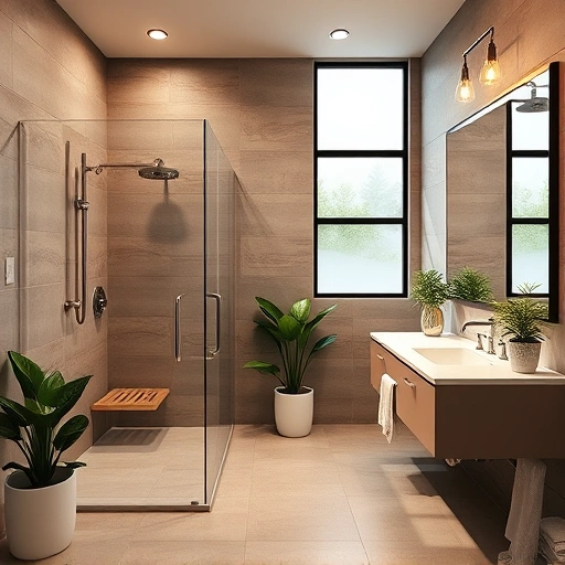 Accessible bathroom remodel in Phoenix featuring modern design, walk-in shower, wheelchair-friendly vanity, and natural light.