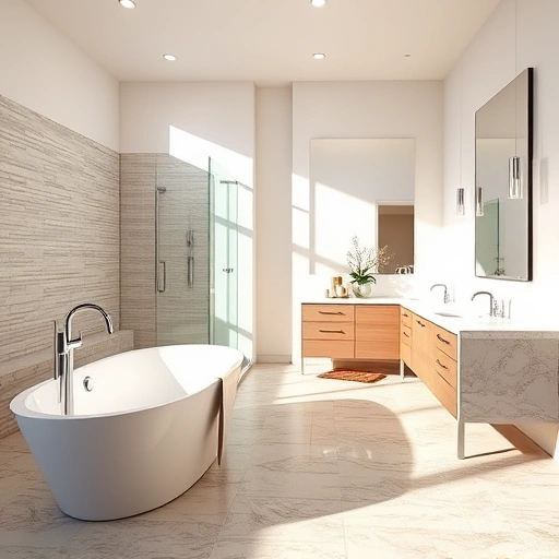 Completed bathroom remodel in Carefree AZ featuring a freestanding tub, walk-in shower, and double vanity with marble.