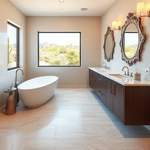 Completed bathroom remodel in Sonoran Foothills AZ featuring elegant fixtures, soaking tub, and serene desert views.