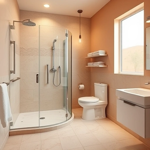 Spacious Senior Bathroom Remodeling in Phoenix featuring walk-in shower, grab bars, and raised toilet for accessibility.