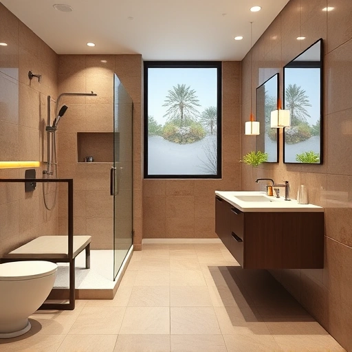 Modern accessible bathroom in Phoenix featuring walk-in shower, grab bars, ambient lighting, and elegant earthy tiles.