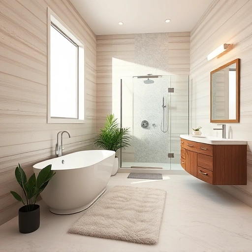 Modern bathroom remodel in Glendale AZ featuring a freestanding tub, double vanity, and stylish fixtures in soft tones.
