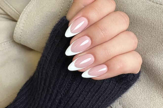 Almond french tip press ons made by Chloe
