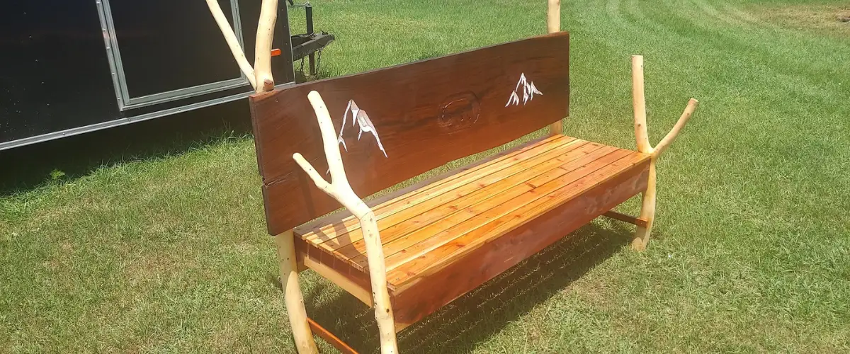 Handmade rustic wooden garden bench with natural wood frame