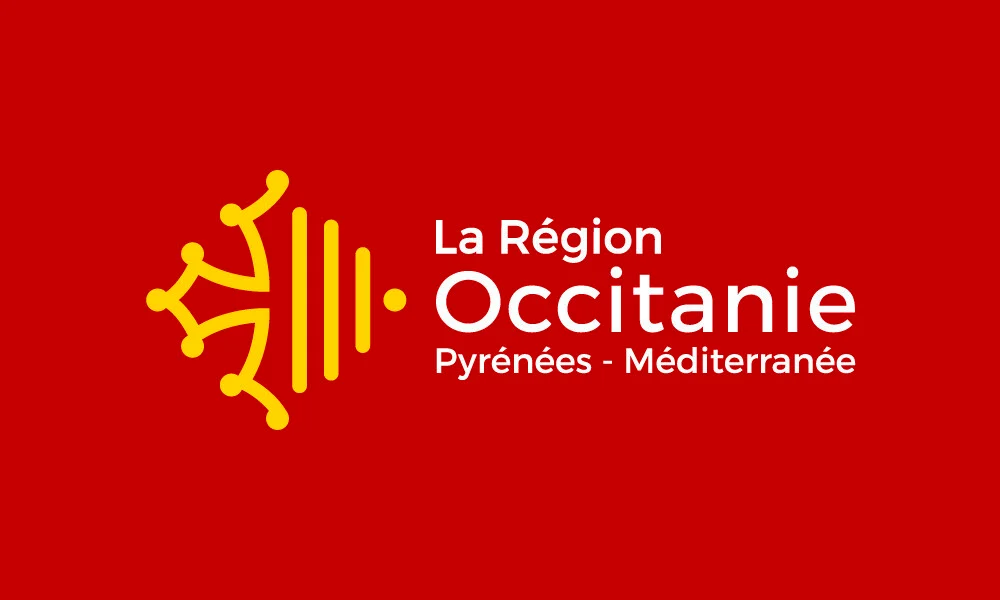 Logo de la région Occitanie - Pyrénées - Méditerranée sur fond rouge