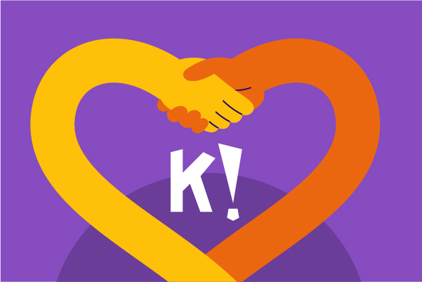 Illustration des modes collaboratifs de Kahoot! avec 2 bras en forme de coeur sur un fond violet
