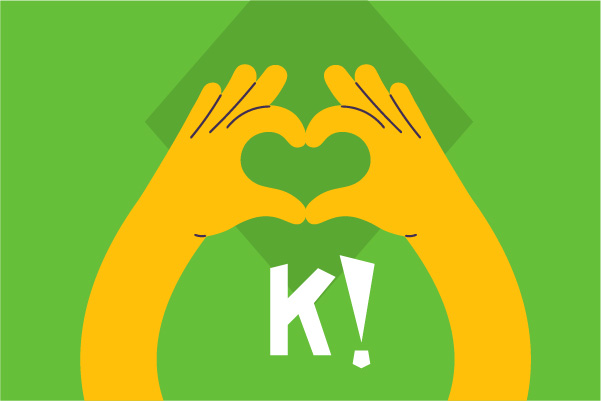 Illustration sur fond vert de la facilité d'intégration de Kahoot avec les plateformes LMS. Présente 2 mains jaunes sur fond vert qui forment un coeur