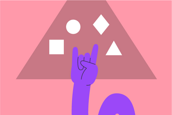 Illustration des différentes activités de Kahoot, avec les 4 cigles des réponses : rond carré, losange et triangle sur fond rose.