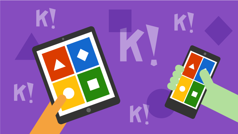 Illustration de 2 mains qui tiennent une tablette et un smartphone avec les 4 couleurs du quiz Kahoot, sur un fond violet qui reprend le logo Kahoot!
